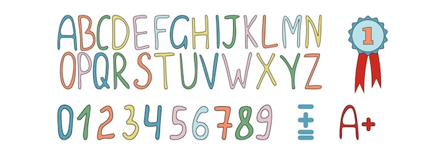 Simple colored alphabet and numbers. Hand-drawn.