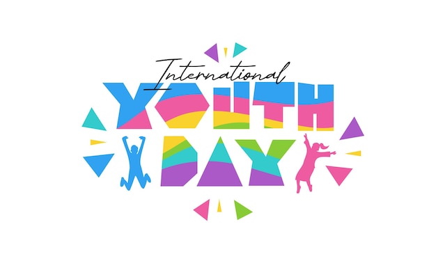 Vector simple colorful international youth day logo typography in geometric style with young silhouette