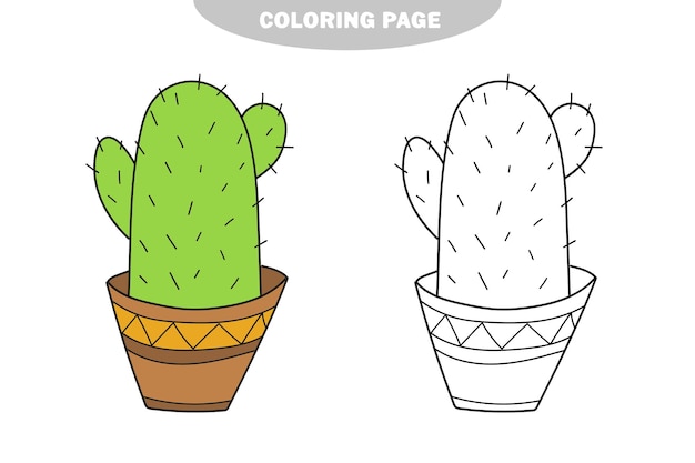 Simple coloring page vector illustration of cactus  cute pot for coloring book