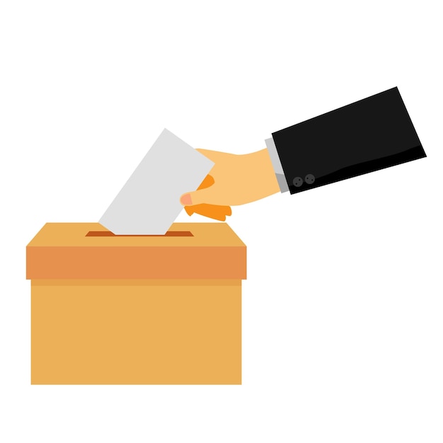 Простая концептуальная мужская рука, использующая смокинг, дает бумажное голосование на выборах