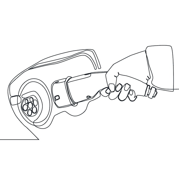 Simple continuous line base on black and white background drawing how to refuel electricity Vector illustration Electric vehicle Latest technology smart technology and innovative technology