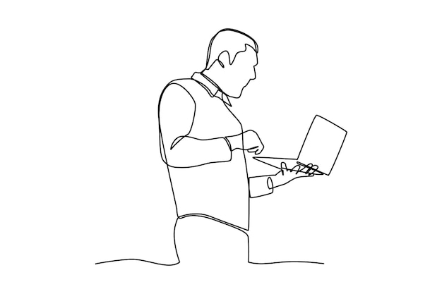 Simple continuous line draw of a man holding laptop Technology minimalist concept technology simple line continuous line vector