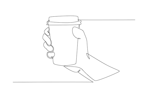흰색 종이 컵을 손에 들고 있는 간단한 연속 선 그리기 카페 숍에서 테이크아웃 커피 테이크 아웃 및 서비스 개념 연속 선 그리기 디자인 그래픽 벡터 일러스트