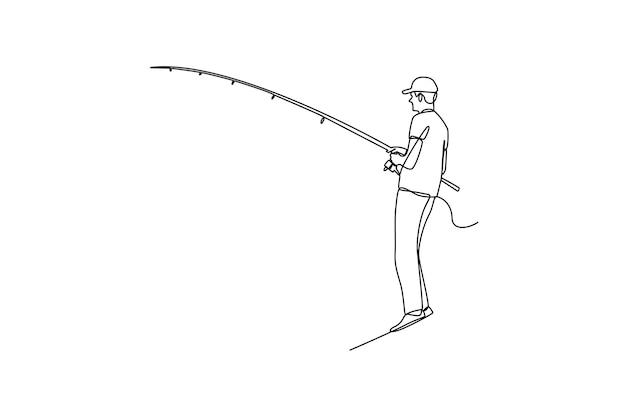 Vector simple continuous line drawing a man on fishing hat on white background fisherman isolated silhouette of a fisherman