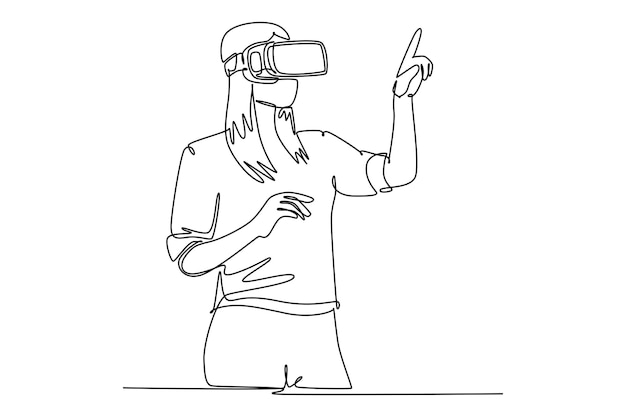 Vector simple continuous line drawing of young people wearing virtual reality simulator turbine