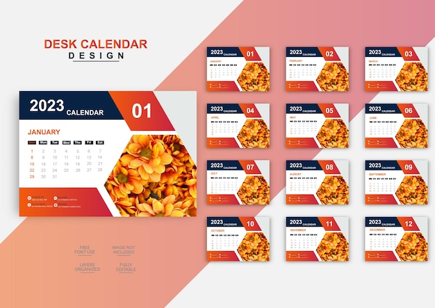 Simple & creative desk calendar design template for year 2023