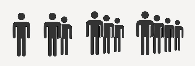 Vector simple crowd icon, group of people silhouettes standing in rows set