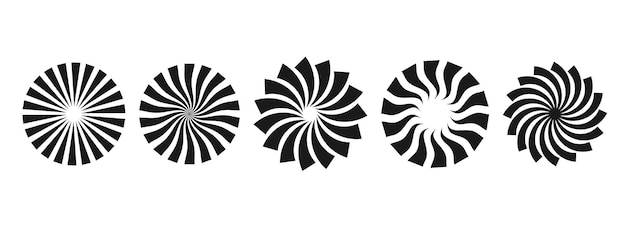 Simple curl sunburst circles collection Black radial twisted elements pack Set ronde stralen en