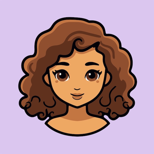 Vector simple cute brown skin girl with curly hair icon