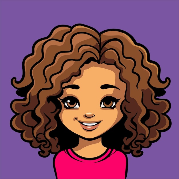 Vector simple cute brown skin girl with curly hair icon