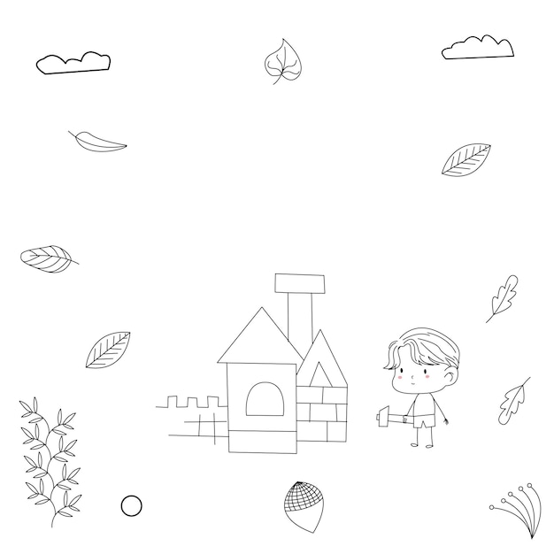 Simple and cute kid illustration in line art style playing building a house