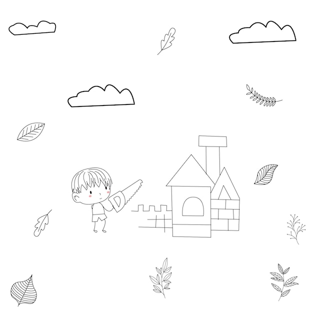 Simple and cute kid illustration in line art style playing building a house