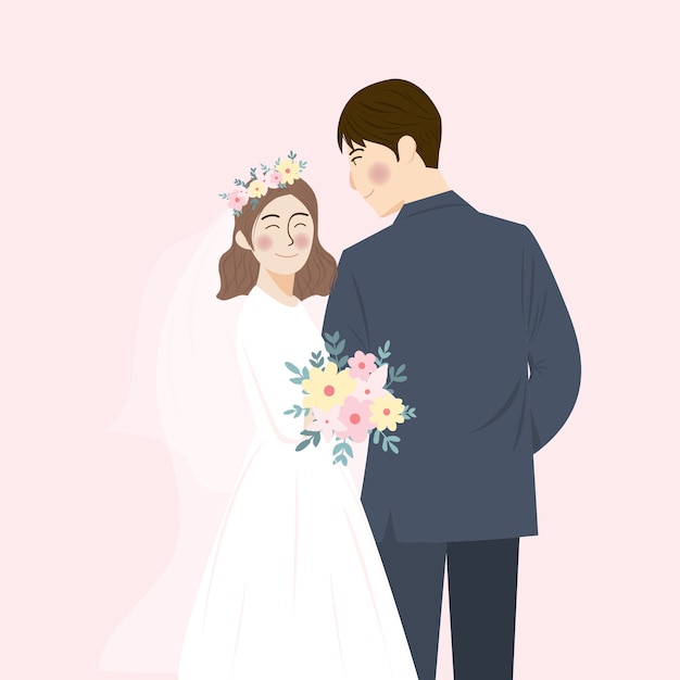 ベクトル シンプルなかわいい結婚式のカップルの肖像画イラスト抱擁と抱き合って、ピンクの背景で日付の結婚式の招待状を保存