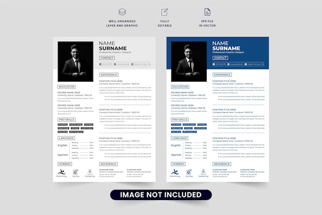 Simple CV template vector with photo placeholders and job experience sections Modern office job application resume layout design with dark and blue colors Company intern CV template vector