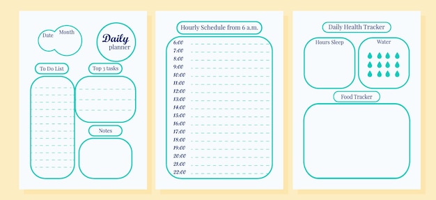 Semplice agenda giornaliera 3 pagine. modello di agenda del diario. elenco delle cose da fare, monitoraggio della salute, pianificazione, note.
