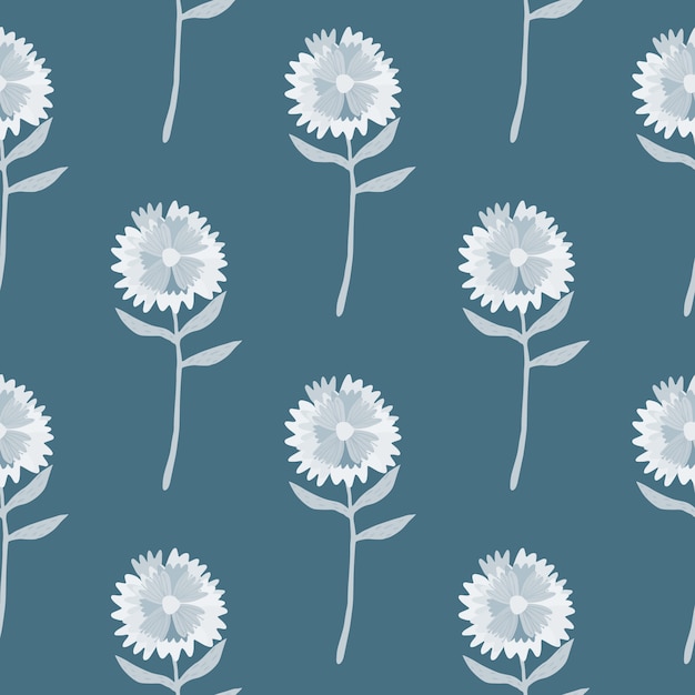 シンプルなタンポポのシームレスなパターン。ネイビーブルーのパステル背景に白いトーンで手描きの花飾り。