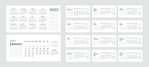 Простой настольный горизонтальный календарь на 2023 год с обложкой на 12 месяцев и одним листом года Начало недели в воскресенье Векторный минималистский шаблон