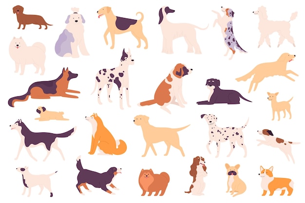 Simple dogs Different dog breeds including a Shiba Inu Poodle and Bulldog Shih Tzu and Chow Chow Dachshund and Wiener German Shepherd and Labrador vector puppy pets set isolated