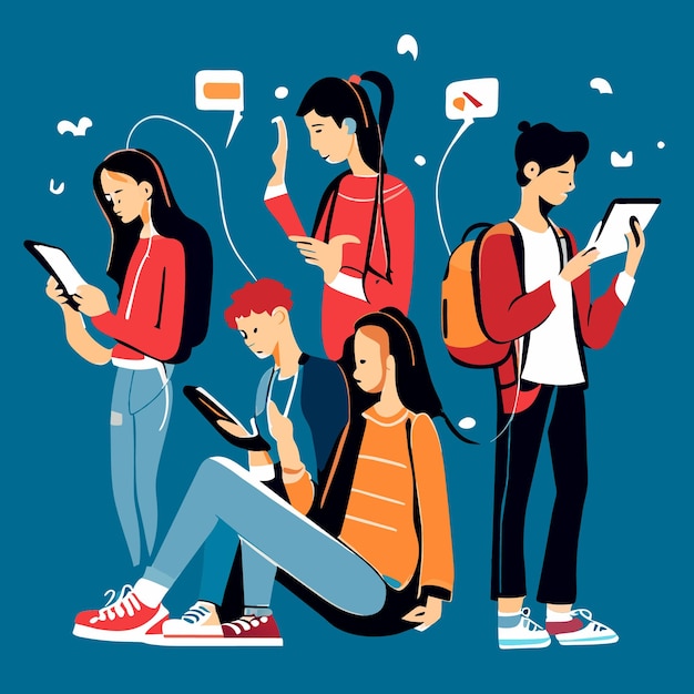 Simple Drawings of Teenagers Engaging with Technology