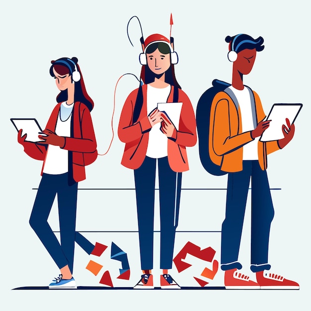Vector simple drawings of teenagers engaging with technology