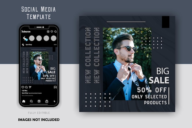 Simple elegant grey fashion men social media instagram post template