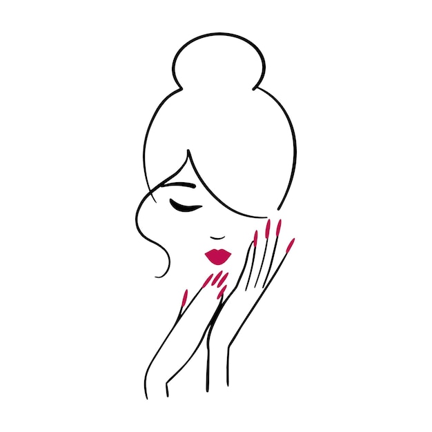 手と髪のお団子と美容院ネイルスタジオラインの女性の肖像画のためのシンプルでエレガントなロゴ