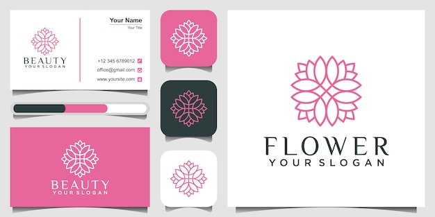 Simple and elegant monoline floral logo design template and business card