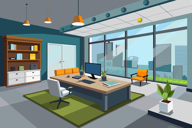Vector a simple and elegant office room featuring a desk and chair for work or study elegant office interior modern office workspace with desk and plants a generated