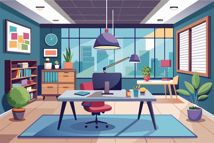 Vector a simple and elegant office room featuring a desk and chair for work or study elegant office interior modern office workspace with desk and plants a generated