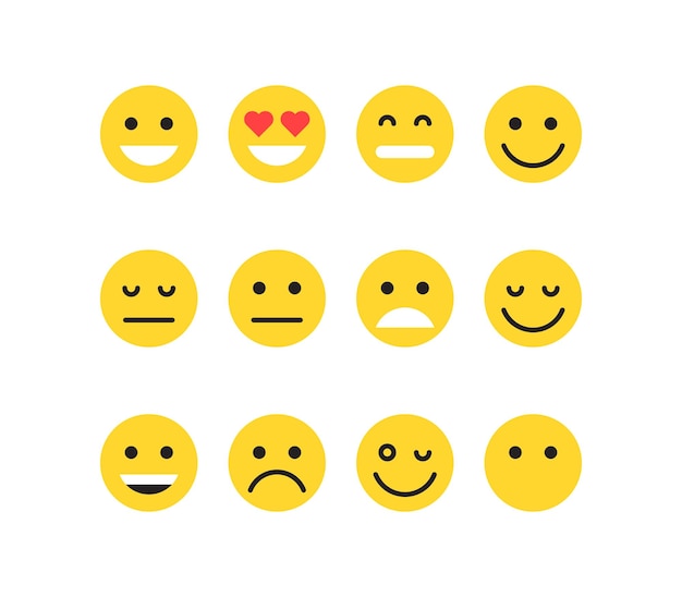 Simple emotion different faces and yellow cartoon emoji flat vector illustration