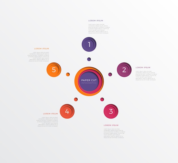 Простой пятишаговый инфографический шаблон с круглыми вырезанными из бумаги элементами диаграммы бизнес-процесса