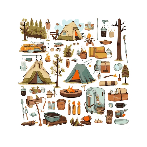シンプルなフラット デザインのキャンプ用品漫画要素分離背景テンプレート web の白い背景