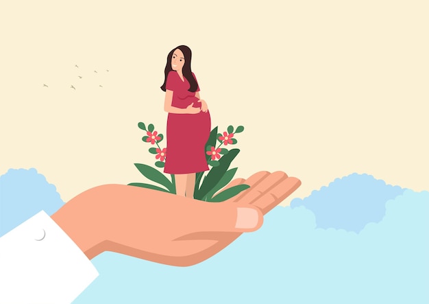 Vector simple flat giant hand holding a pregnant woman prenatal care healthy pregnancy concept