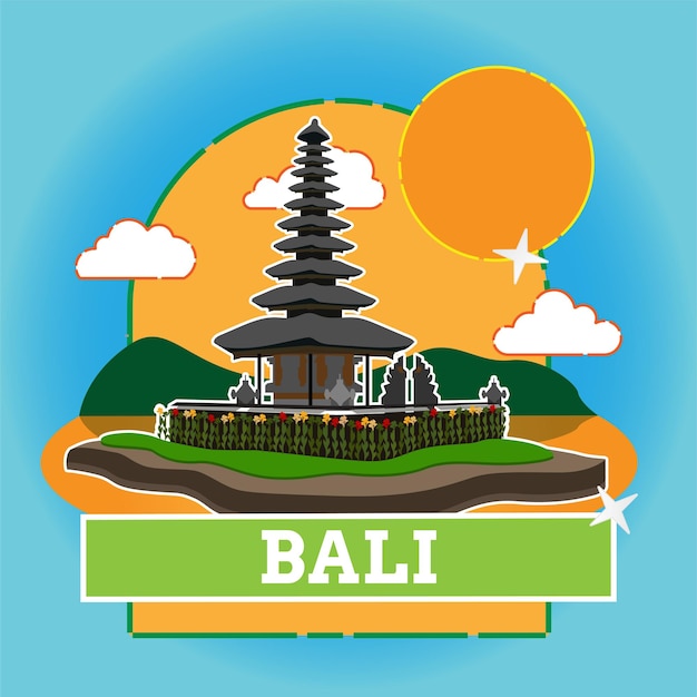 Vector simple flat illustration of bali landmark pura ulun danu bali island indonesia