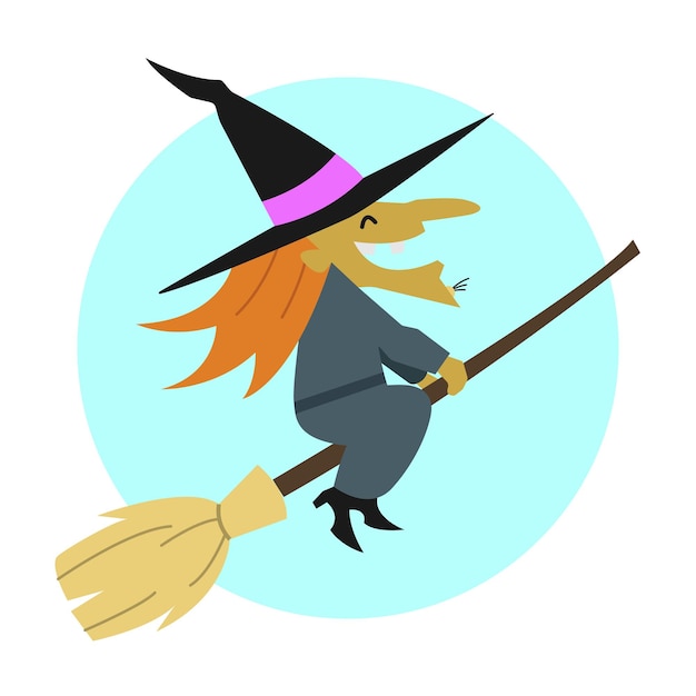 Simple flat illustration of an old witch flying on a broom smiling with a bag on her back