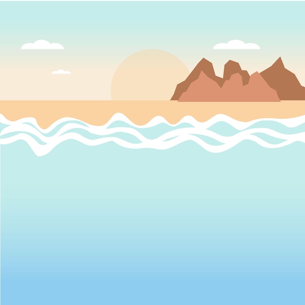 Simple flat lay card of summer seashore with mountain view and sunset