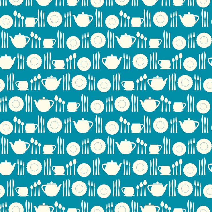 Vector simple flat shapes of various dishes such as spoon fork knife pots cups and saucers