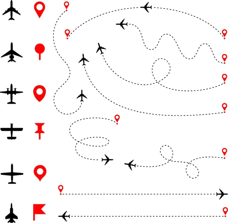 Vector simple flat vector of aircraft plane that moves from the starting point and follow route concept