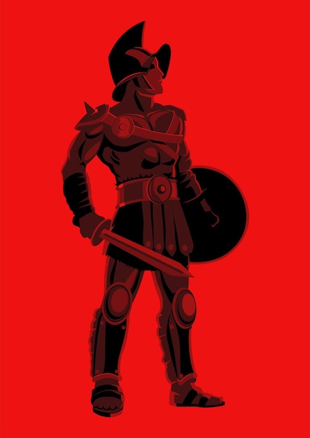 Simple flat vector illustration of a gladiator standing with sword and shield