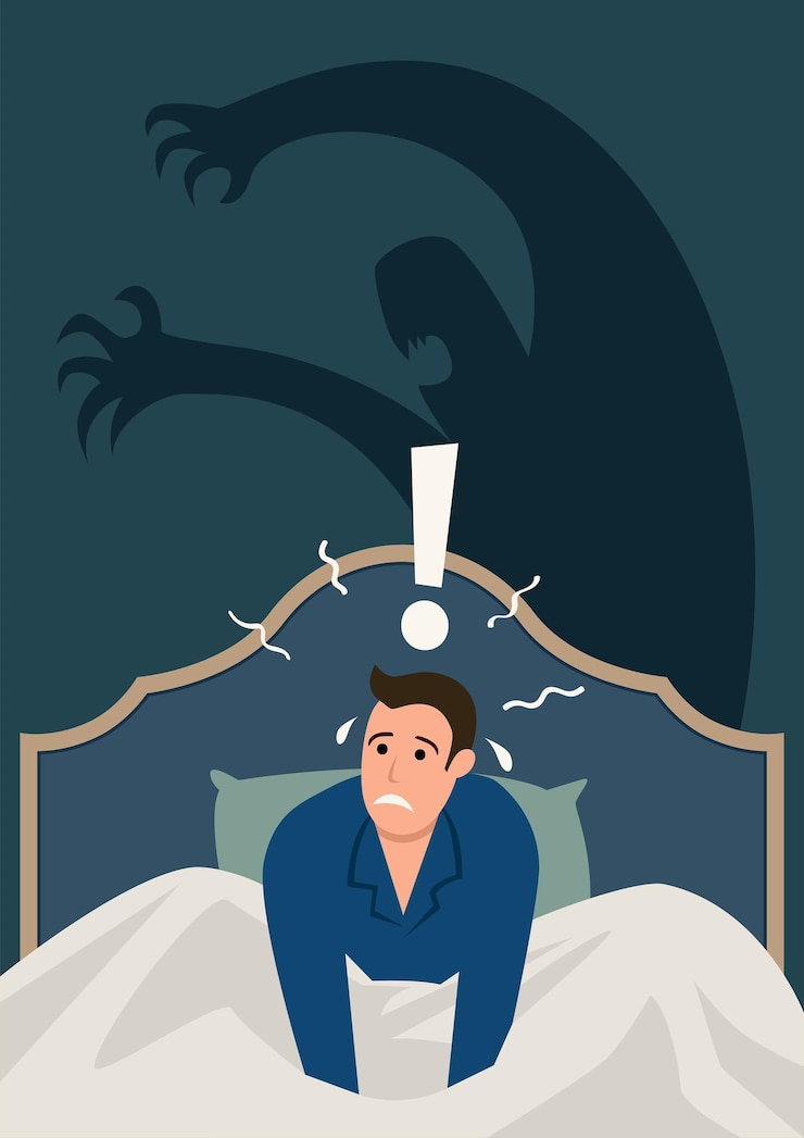 Vector simple flat vector illustration of a man wake up in the middle of the night, stressed and scared from nightmare. anxiety, panic attack, sleeping disorder concept