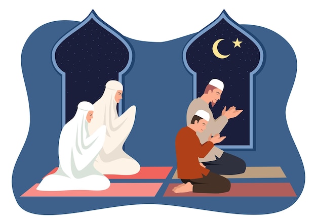 Simple flat vector illustration of muslim family praying together