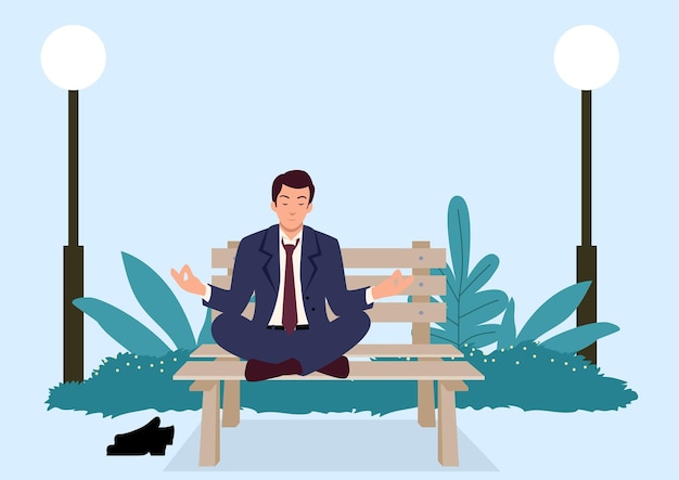 ベクトル 公園のベンチでヨガをしているビジネスマンのシンプルなフラットベクトルイラスト