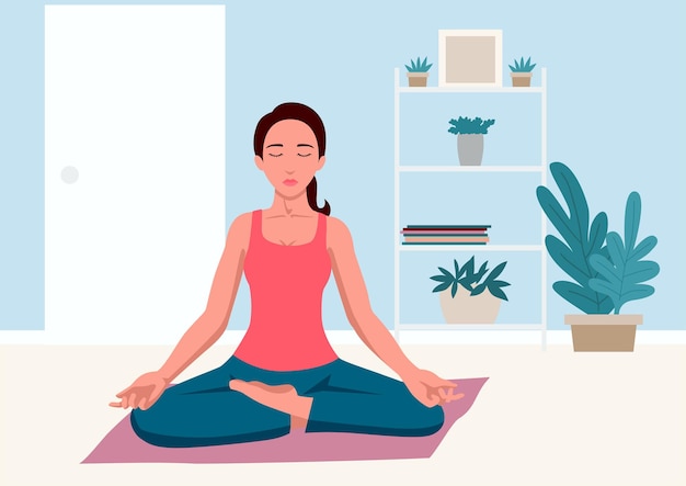 Simple flat vector illustration of woman doing yoga at home
