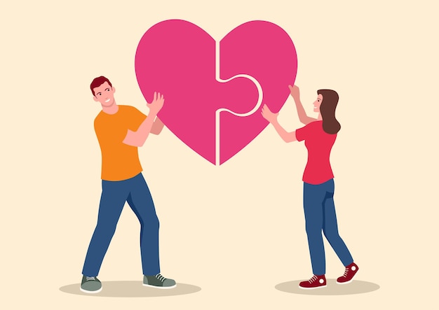 simple flat vector illustration of young couple put together a puzzle that forms a heart symbol