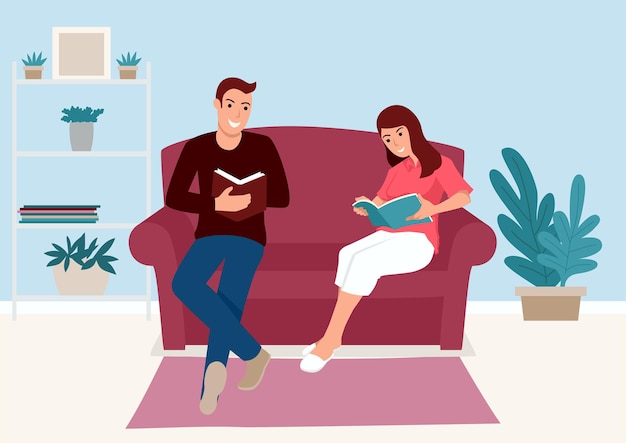 Simple flat vector illustration of young couple reading book together on the sofa at home