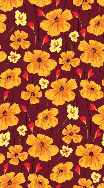 Simple floral pattern with large yellow flowers. Blooming meadow in the height of summer, a mix of various plants. Seamless pattern in vector.