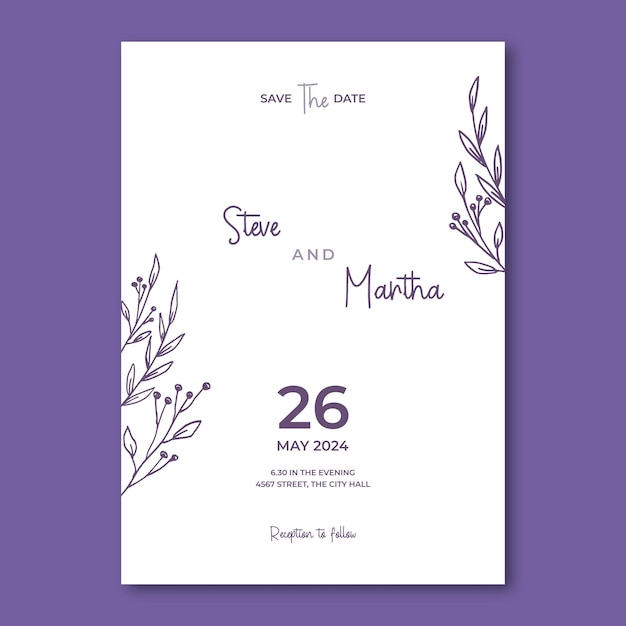 Simple Floral wedding invitation template with organic hand drawn leaves and flowers decoration