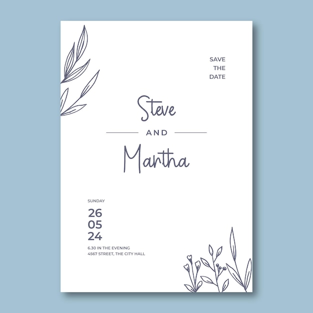 Vector simple floral wedding invitation template with organic hand drawn leaves and flowers decoration