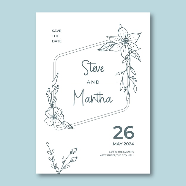 Vector simple floral wedding invitation template with organic hand drawn leaves and flowers decoration
