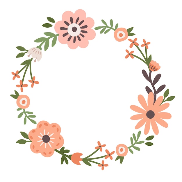 Simple flowers vector wreath Minimalistic florals round frame